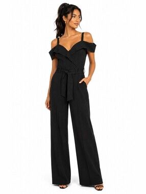 Shelby Nites Black Off Shoulder Wide Leg Jumpsuit Belted Size 16